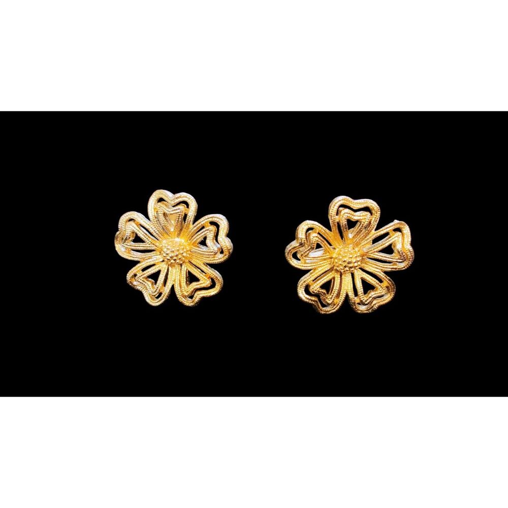Vintage Earrings Lisner Gold Tone Flower Clover Screw Back 1950's 60's MCM